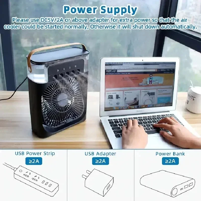 Portable air Conditioner fan three in one, mini USB air conditioning fan, LED night light, water mist